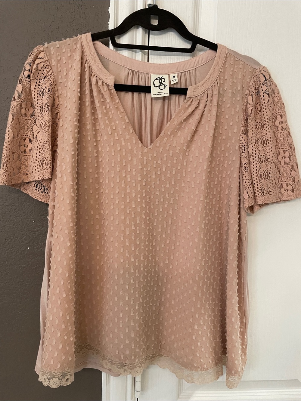 Anthropologie One September Dusty Blush Lace Cora Clipdot Top M Medium Blouse
